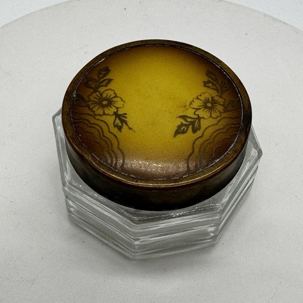 Vintage Art Deco Glass Vanity Powder Makeup Jar Gold Lid Floral Embossed Trinket